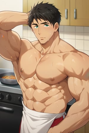 score_9, score_8_up, score_7_up, source_anime, looking at viewer, intricate details,sousuke_yamazaki, solo, 1boy, :), black hair, green eyes, male focus, sweat, big muscle,bara, eight-pack abs, abs, bicep,bodybuilder, bushy armpit hair, solo, ,muscular,large pectorals, muscular, big biceps, sexy,1male, wet,sweat,solo,short boxer, cooking steaks,kitchen,apron,masterpiece, best quality,close up,cartoon