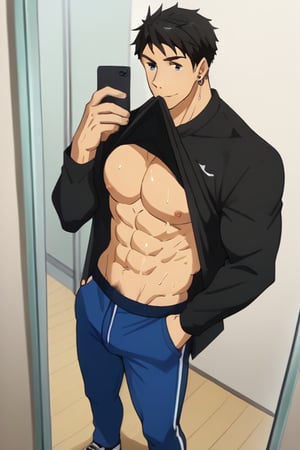 score_9_up, score_8_up, BREAK source_anime, anime screen cap, sexy pose, solo, sousuke_yamazaki, black hair, green eyes, ear piercing, pubic hair,sweat, big muscle, abs, bodybuilder, bushy armpit hair, sweaty, soft smirk, large pectorals, muscular, sexy, pecterals, abs, sexy, flirty, MALE FOCUS, HOLDING PHONE,NIPPLES ,SHIRT LIFT, CLOTHES LIFT, SELFIE ,BLACK JACKET ,BULGE PANTS ,MALE LARGE PECTORALS, BARECHESTED MALE ,OPEN JACKET ,HOLDING NAVEL ,OPEN CLOTHES SHIRT ,FULL BODY , HAND IN POCKET, SHOES ,CELLPHONE ,LIFTED BY SELF ,BARE PECTORALS, REFLECTION, MOUTH HOLD ,masterpiece, best quality , masterpiece, best quality,close up,cartoon