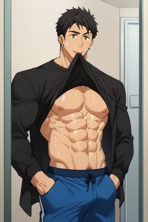 score_9_up, score_8_up, BREAK source_anime, anime screen cap, sexy pose, solo, sousuke_yamazaki, black hair, green eyes, ear piercing, pubic hair,sweat, big muscle, abs, bodybuilder, bushy armpit hair, sweaty, soft smirk, large pectorals, muscular, sexy, pecterals, abs, vein muscles, sweaty skin,oily skin,glistening skin, sexy, flirty, MALE FOCUS, HOLDING PHONE,NIPPLES ,SHIRT LIFT, CLOTHES LIFT, SELFIE ,BLACK JACKET ,BULGE PANTS ,MALE LARGE PECTORALS, BARECHESTED MALE ,OPEN JACKET ,HOLDING NAVEL ,OPEN CLOTHES SHIRT ,FULL BODY , HAND IN POCKET, SHOES ,CELLPHONE ,LIFTED BY SELF ,BARE PECTORALS, REFLECTION, MOUTH HOLD ,masterpiece, best quality , masterpiece, best quality,close up,cartoon