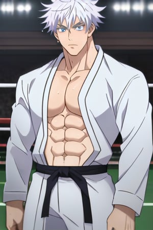 1man,stubble,Gojo Satoru ,hair between eyes, white hair,short hair,blue eyes,colored eyelashes,lean muscle, judo black belt, handsome,(long sleeve judo uniform:1.1), sweaty body, sweaty hair, chest muscles,abdominal muscles,show chest and abdominal,4K,masterpiece, super detailed,