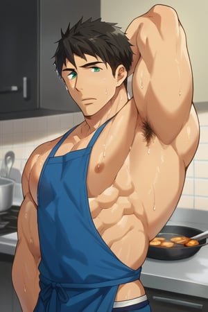score_9, score_8_up, score_7_up, source_anime, looking at viewer, intricate details,sousuke_yamazaki, solo, 1boy, :), black hair, green eyes, male focus, sweat, big muscle,bara, eight-pack abs,bodybuilder, bushy armpit hair, solo, muscular,large pectorals, sexy, 1male, wet,sweat,solo,short boxer, underwear, cooking steaks,kitchen,blue apron,masterpiece, best quality,close up,cartoon