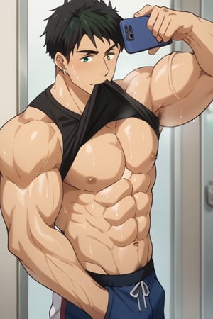 score_9_up, score_8_up, BREAK source_anime, anime screen cap, sexy pose, solo, sousuke_yamazaki, black hair, green eyes, ear piercing, pubic hair,sweat, big muscle, abs, bodybuilder, bushy armpit hair, sweaty, soft smirk, large pectorals, muscular, sexy, pecterals, abs, vein muscles, sweaty skin,oily skin,glistening skin, sexy, flirty, MALE FOCUS, HOLDING PHONE,NIPPLES ,SHIRT LIFT, CLOTHES LIFT, SELFIE ,BLACK tank shirt ,BULGE short ,MALE LARGE PECTORALS, BARECHESTED MALE ,OPEN tank shirt ,HOLDING NAVEL ,FULL BODY , HAND IN POCKET, SHOES ,CELLPHONE ,LIFTED BY SELF ,BARE PECTORALS, REFLECTION, MOUTH HOLD ,masterpiece, best quality , masterpiece, best quality,close up,cartoon