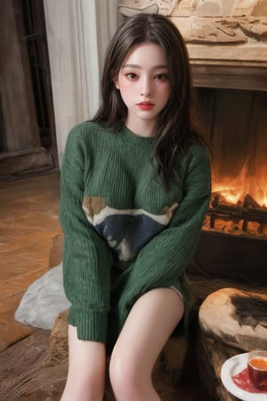 photorealistic, masterpiece, best quality, raw photo, 1girl, long hair, detailed eyes and face, super big breast, low key, full_body, seductive body, chunky knit sweater, rustic cabin, cozy fireplace, oversized mug, casual glamour, tousled waves, bare legs
,Young beauty spirit 