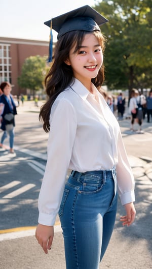 photorealistic, raw photo:1.2, hyperrealism, ultra high res, Best quality, masterpiece, 8k, realistic light, delicate facial features, 

(A 18-year-old Korean girl),

A college student on graduation day, wearing a graduation cap and smiling broadly. looking quite mature. She appears intelligent and intellectual,
full-body shot on a university campus street on graduation day with numerous students in the background, 

She is dressed in tight jeans and a tight white blouse, looking quite mature. 
