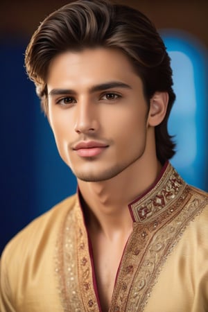  Full body image, realistic photograph of a handsome boy, 25 years old, athletic body, very light brown hair, brown eyes, small earring in right ear, very long eyelashes, sensual lips, medium chest, wearing Arabian traditional dress
