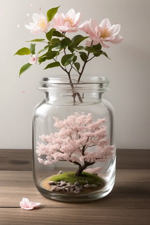 High resolution, full detailed, better image quality,16k, ultrara definition,ultra-realistic,

Create a mini sakura tree falling petals inside a jar