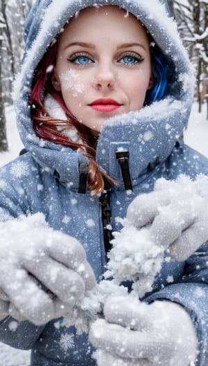 moments stretch and twist, turning a hurried walk into an eternity of swirling flakes. (masterpiece, detailed artwork), Snowflakes,1girl, golden eyes, sleepy, blush, (detailed lips), (cute winter coat, knitted winter coat), layla, twin drills, drill locks, blue hair, jewelry, sleepy eyes, Snow, snowflakes,masterpiece,1 girl