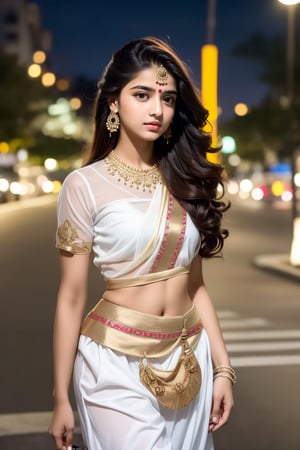 beautiful cute young attractive Indian teenage girl, City girl, 20 years old, cute, Instagram model, long brown_hair, colorful hair, warm, dacing, in city night ,1girl,pov,photorealistic, Indian Woman, tradition , Indian, Indian tradition,Woman ,Indian , white  pant