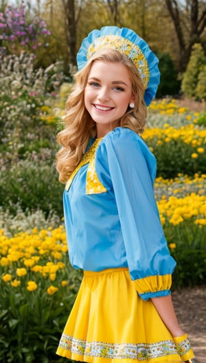 1girl, upper body, beautiful young woman, blonde, smiling, (in beautiful Ukrainian national costume of blue-yellow color), sunny day, botanical garden, realistic