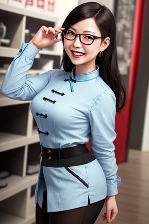 chinese woman, (glasses, laughy smiling:1.2), fully clothed, fully dressed, curve, photo realistic, expressive, everything is in ultra high-definition, ultra HD, ultra high resolution, everything detailed, rare, flexible, complex, unique, ultra realism
