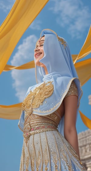 Byzantine girl with blue sky and white clouds background, sexy outfit, upper body, front view, (Masterpiece, Top Quality, Top Image Quality, Official Art, Aesthetic and Beautiful:1.2), (1girl:1.4), white beautiful skin, smiling face, portrait, extreme color, highest definition, simple background, 16K, high resolution Perfect Dynamic Composition, Bokeh, (Sharp Focus:1.2), Ultra Wide Angle, High Angle, High Color Contrast, Medium Shot, Depth of Field, Background Blur,,itacstl,India ,Girl ,Desi ,Princess 