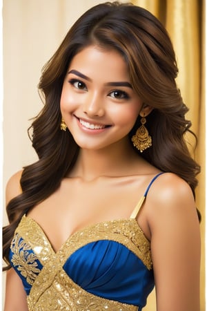  1 girl,age 19, cute smile ,Sexey , wearing golden blue parti dress