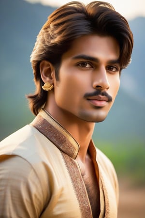  Full body image, realistic photograph of a handsome boy, 25 years old, athletic body, very light brown hair, brown eyes, small earring in right ear, very long eyelashes, sensual lips, medium chest, wearing rajeshtani traditional dress
