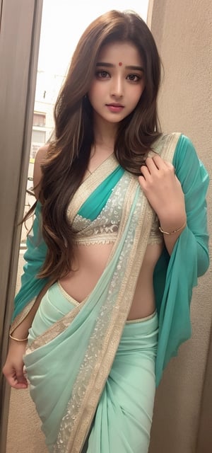 lovely cute young attractive indian girl brown eyes, gorgeous actress. 19 years old, cute, an instagram model, long blonde_hair, colorful hair, winter Indian, wearing saree