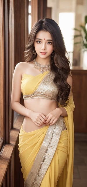 lovely cute young attractive indian girl brown eyes, gorgeous actress. 23 years old, cute, an instagram model, long blonde_hair, colorful hair, winter Indian, wearing saree