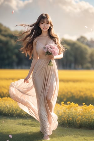background is flower field,grass field,horizon,wind blowing,petals blowing,16 yo, 1 girl, beautiful girl,smile, unwearing anything, very_long_hair, hair past hip, bangs, curly hair, realhands, masterpiece, Best Quality, 16k, photorealistic, ultra-detailed, finely detailed, high resolution, perfect dynamic composition, beautiful detailed eyes, ((nervous and embarrassed)), sharp-focus, full body shot,pink flower,flower