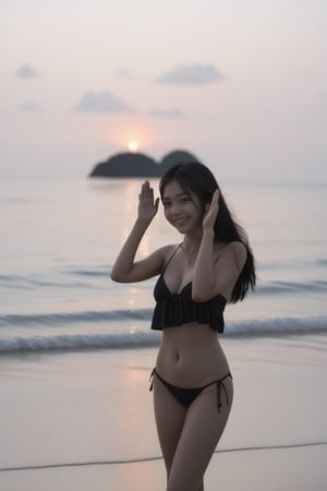 1girl, black bikini , stand on beach, smile, black long hair, rising hand, 7 am, thailand beach