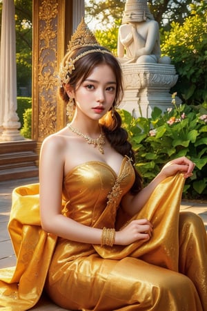 (masterpiece), best quality, ultra high res,  ,(1girl:1.3) , (princess:1.3),sitting,beautiful face,( thailand ancient tradition palace:1.3),( garden:1.3),(cute girl:1.3), (day:1.3), blue sky, ( thai traditional dress:1.3),(traditional body strap:1.2) ,detailed background , big breasts , hair_bun, hair_ornament, hair_stick, jewelry , necklace, (seductive:1.3) , (intent looking:1.5) ,( looking at viewer:1.5),(from front view:1.5), ,,(sabai dress:1.2) 
  ,(strapless shirt),(strapless thai traditional 1.3)