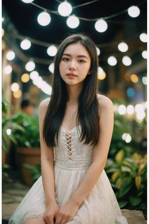 Lovely cute young attractive Vietnam girl, 17 years old, cute model, long black_hair, black hair, wearing a party dress, lace up dress, white dress, high hills, Light particles and spark35mm film, Fujifilm, frong_view 