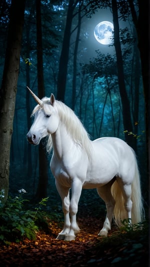 Under the silvery glow of a full moon, a majestic unicorn stands amidst a whimsical forest, its ethereal mane and shimmering tail radiating an otherworldly light. Soft, feathery leaves rustle in the gentle breeze, surrounding the unicorn's majestic form with an air of mystique.