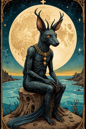 Surrealist Tarot Card: A mystical and dream-like tarot card illustration in the Surrealist style, filled with symbolic imagery, bizarre creatures, and unexpected juxtapositions