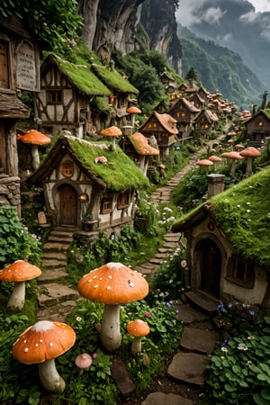 A mountain village where the houses are carved into giant mushrooms, and the inhabitants are tiny fairies and gnomes. The village is lit by bioluminescent fungi, and the air is filled with the sweet scent of blooming flowers. The scene is enchanting and cozy, blending elements of fantasy and nature.