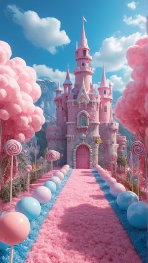 A whimsical landscape depicts Bubblegum Castle, a sugary stronghold surrounded by lollipop trees and gumdrop bushes. Candy knights in shimmering armor, their faces made of edible delights, stand guard at the entrance, where a pink carpet unwinds like a twisted ribbon. The sky is a bright blue with cotton candy clouds, and the air is sweet with the scent of spun sugar.