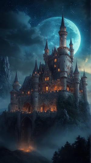 A fantasy scene of an enchanted castle with glowing windows and towers, set against a dark, starry sky.