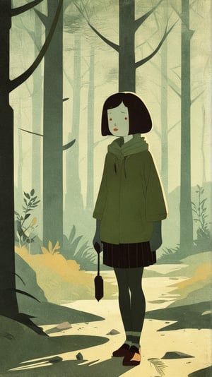 1girl The art should be minimalist and flat colors, in the style of Keith Negley, Mike Mignola, Jon Klassen. The art style should be flat, vintage retro, lofi, simple yet detailed, and in vector format.