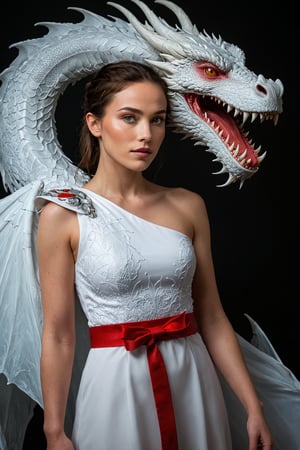 a woman in a white dress with a dragon on her shoulder and a red belt around her waist, standing in front of a dark background
glow
photography. Natural geographic photo. Hyper-realistic, 16k resolution, intricate details.
(masterpiece, award winning artwork)
many details, extreme detailed, full of details,
Wide range of colors, high Dynamic

sss, translucent, subsurface, scattering ice, 
 ,ice,More Reasonable Details