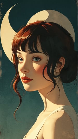 A whimsical illustration of a single girl, rendered in a nostalgic, retro aesthetic reminiscent of Keith Negley's simplicity and Mike Mignola's dark mystique. The composition features a minimalist background with bold lines and flat colors, as if cut from paper. The girl herself is posed with confident calmness, her features soft and delicate in vector format. Lighting is warm and inviting, with gentle shadows accentuating the contours of her face. The overall mood is one of quiet contemplation, as if she's lost in thought amidst a vintage-inspired setting.