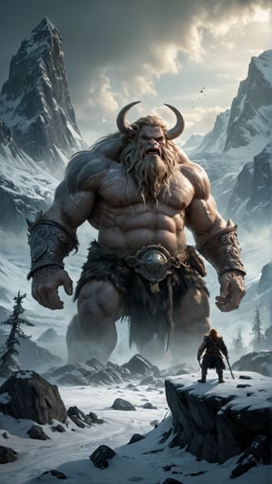 A scene from Norse mythology, with majestic gods, giant trolls, and frosty landscapes