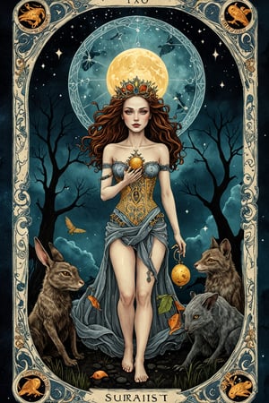 Surrealist Tarot Card: A mystical and dream-like tarot card illustration in the Surrealist style, filled with symbolic imagery, bizarre creatures, and unexpected juxtapositions