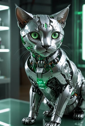 A sleek, metallic robot cat with luminous green eyes, its smooth, silver body reflecting the surrounding high-tech laboratory, poised gracefully on a glass table, intricate circuitry visible through transparent sections, the backdrop a blur of advanced machinery and flickering screens

glow
photography. Natural geographic photo. Hyper-realistic, 16k resolution, intricate details.
(masterpiece, award winning artwork)
many details, extreme detailed, full of details,
Wide range of colors, high Dynamic
