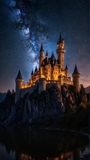 A fantasy scene of an enchanted castle with glowing windows and towers, set against a dark, starry sky.,photo,surreal,creative,artistic,landscape,realistic