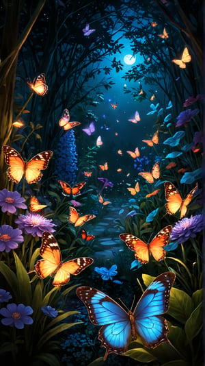 A detailed illustration of a glowing butterfly garden at night, with each butterfly emitting a soft, colorful glow that lights up the flowers