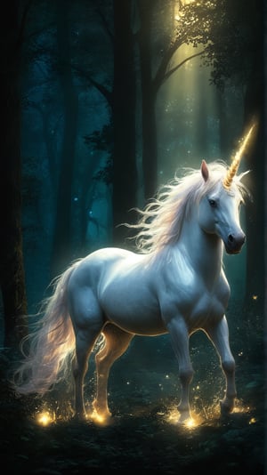 A fantasy illustration of a glowing unicorn in a moonlit forest, its mane and tail flowing with radiant energy.