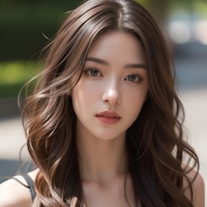 Realistic woman with long brown wavy hair, photorealistic