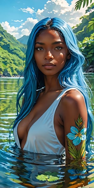 score_9, score_8_up, score_7_up, source_comicbook, source_anime,

minimalist painting, 1girl (brown skin, african american), (((brown skin girl))), (((light blue hair))), long hair, middle part hair, straight hair, hair down, in a tropical lake, flower, arm tattoo, perfect hands, girl hands, narrow face, slim eyes,  hour-glass figure woman in nature, detailed background, joyful expression, looking away from viewer, peaceful, front view, happy, loose hair, magnificent lighting, good shading, amber glow, peaceful contrast, light mist, tropical, straight horizon in background, sunset, raytracing, intricate details, wallpaper, detailed face, detailed eyes, high definition, best quality, advanced artist, hyper realistic, EpicSky, arcane, artwork, good lineart, clear line art, sharp, ultrasharp definition,

intricate details, wallpaper, detailed face, detailed eyes, high definition, best quality, advanced artist, hyper realistic, EpicSky, arcane, artwork, good lineart, clear line art, sharp, ultrasharp definition, vibrant color, string contrast, glowing light,cloud,realistic