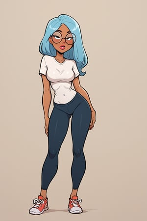 score_9, score_8_up, score_7_up, score_6_up, score_5_up, score_4_up, rating_explicit, source_webcomic, Jabstyle, detailed image, (long legs:1.4), thigh gap, (((brown skin))), woman, light blue hair, long hair, black eyes, nice hips,

outfit : t-shirt, pants, leggings, sneakers

Makeup prompts : lipstick, half-closed eyes, blush

Slim face, glasses, huge eyes, nice thighs, cartoon, 

Simple background, full body view