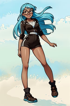 1 girl, masterpiece, best quality, (((brown skin))) , happy, light blue hair, long hair, brown eyes, smile, basic background, full body, Jabcomix, hyper realistic shading, source_anime, solo, narrow face, glasses, 
