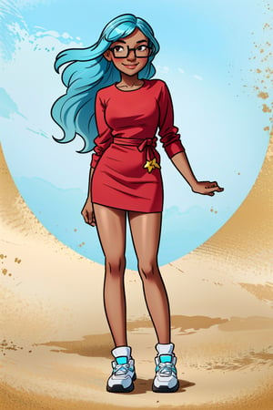 1 girl, masterpiece, best quality, (((brown skin))) , happy, light blue hair, long hair, brown eyes, smile, basic background, full body, Jabcomix, hyper realistic shading, source_webcomic, solo, narrow face, glasses, 