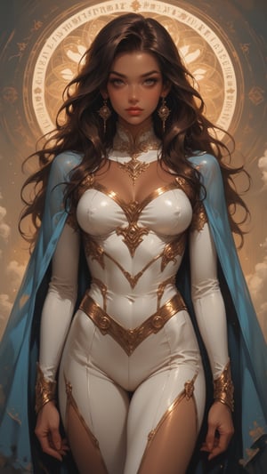 Slender figure, score_9, score_8_up, score_7_up, woman, (brown skin:1.7), cowboy_shot, confident, 20 year old, gorgeous, long brown hair, standing, pretty, seductive, beautiful, beautiful abs, light muscle, superhero, light blue outfit, long mystical translucent cape, blue cape, long sleeve turtleneck, long legs, beautiful leg, high quality eyes, fantasy, Expressive, Vintage, 1990s \(style\), detailed face, perfect face, image border, detailed suit