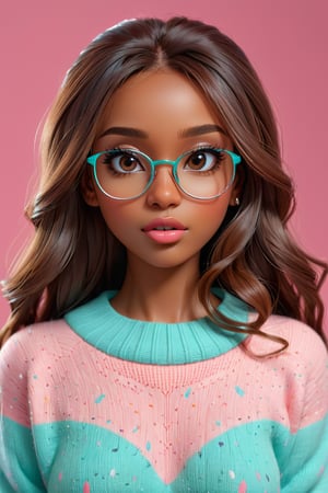 3d hyper real cartoon image, clean artwork, detailed illustration, colorful, 1girl, 22 years old, (((brown skin))), long hair, straight hair, light teal and pink theme, realism, cute, round trim glasses, nose blush, slim eyes, sweater, pretty, seductive, attractive, alluring, photography, mouth slightly open, good teeth, beautiful nerdy, flirty, feminine, soft make up, vibrant, adorable, eyelashes, slender, high quality, masterpiece, 3D, solo focus, realistic, round chin, narrow face, big lips, brown hair, portrait image