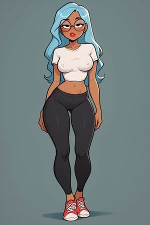 score_9, score_8_up, score_7_up, score_6_up, score_5_up, score_4_up, rating_explicit, source_webcomic, Jabstyle, detailed image, long legs, thigh gap, (((brown skin))), 25 year old woman, light blue hair, long hair, black eyes, nice hips

outfit : t-shirt, pants, leggings, sneakers

Makeup prompts : lipstick, half-closed eyes, blush

Slim face, glasses, huge eyes, nice thighs, cartoon, 

Simple background, full body view