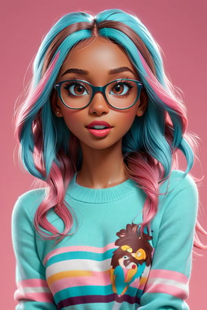 3d hyper real cartoon image, clean artwork, detailed illustration, colorful, 1girl, 22 years old, (((brown skin))), long hair, straight hair, (((light blue hair))), middle part hair, teal and pink theme, realism, cute, round trim glasses, nose blush, slim eyes, sweater, pretty, seductive, attractive, alluring, photography, mouth slightly open, good teeth, beautiful nerdy, flirty, feminine, soft make up, vibrant, adorable, eyelashes, slender, high quality, masterpiece, 3D, solo focus, realistic, round chin, narrow face, big_lips