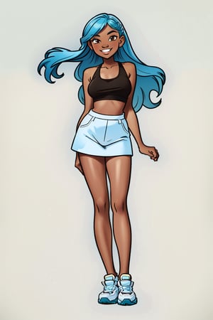 1 girl, masterpiece, best quality, (((brown skin))) , happy, light blue hair, long hair, brown eyes, smile, basic background, full body, Jabcomix, hyper realistic shading, source_comic, solo, 