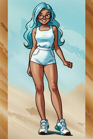 1 girl, masterpiece, best quality, (((brown skin))) , happy, light blue hair, long hair, brown eyes, smile, basic background, full body, Jabcomix, hyper realistic shading, source_comic, solo, narrow face, glasses, 