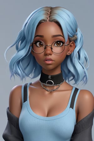 score_9,  score_8_up, 1girl, black girl, (((brown skin))), black_choker, light blue hair, blush, choker, eyelashes, grey_background, lips, long_hair, nose_blush, parted_lips, blue_eyes, simple_background, solo_focus, teeth, hair down, straight hair, upper_body, slim eyes, glasses, adorable, 22 year old, university sweater, a character portrait inspired by WLOP, trending on artstation, digital art, details, pouty look, octane render, 3d stylized render, hi definition, 3d render, 3d, 3d toon style, 3D, art_booster
