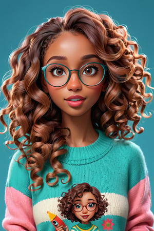 3d hyper real cartoon image, clean artwork, detailed illustration, colorful, 1girl, 22 years old, (((brown skin))), long hair, curls, curly hair, african hair, light teal and pink theme, realism, cute, round trim glasses, nose blush, slim eyes, sweater, pretty, seductive, attractive, alluring, photography, mouth slightly open, good teeth, beautiful nerdy, flirty, feminine, soft make up, vibrant, adorable, eyelashes, slender, high quality, masterpiece, 3D, solo focus, realistic, round chin, narrow face, big lips, brown hair, portrait image, dark lips, shiny lips